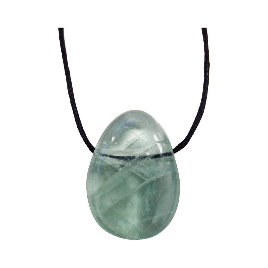 Side-drilled Green Fluorite tumble stone on a black vegan cotton cord, glowing with translucent green energy, ideal for heart chakra healing and daily wear.