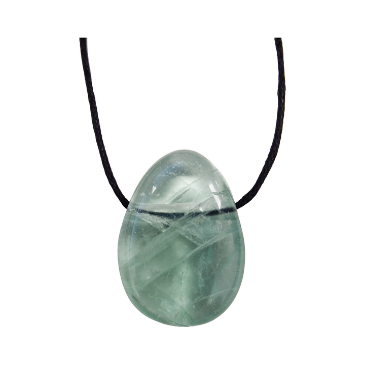 Side-drilled Green Fluorite tumble stone on a black vegan cotton cord, glowing with translucent green energy, ideal for heart chakra healing and daily wear.