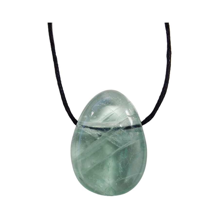 Side-drilled Green Fluorite tumble stone on a black vegan cotton cord, glowing with translucent green energy, ideal for heart chakra healing and daily wear.