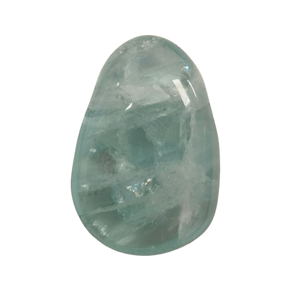 Green Fluorite tumble stone with vivid colour zoning, side-drilled and hand-polished for use in crystal jewellery and intention-based design.