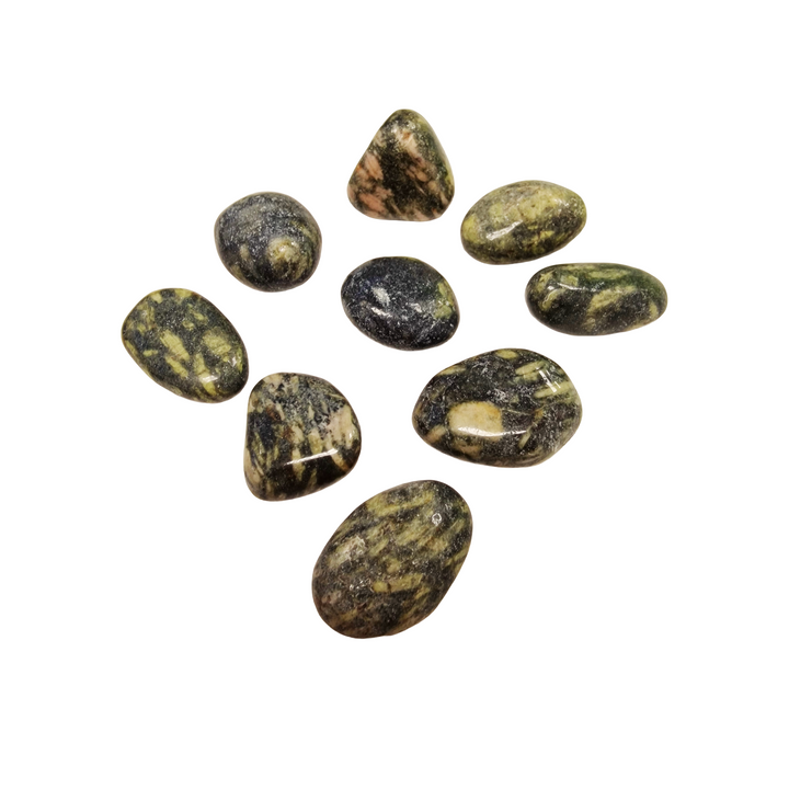 GeoFossils Epidote Tumble Stones – group of polished green stones with earthy tones