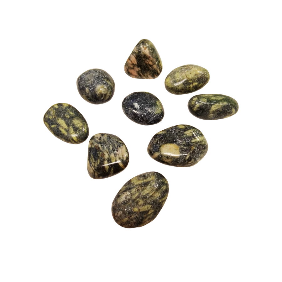 GeoFossils Epidote Tumble Stones – group of polished green stones with earthy tones