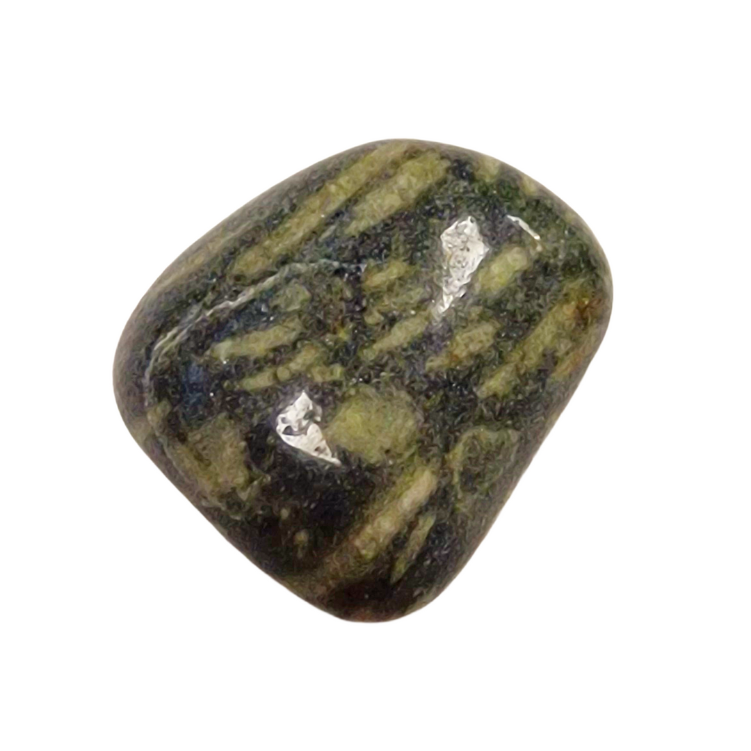 GeoFossils Epidote Tumble Stone – close-up of polished green mineral showing mossy texture