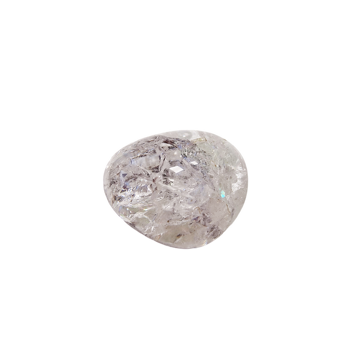 GeoFossils Crackle Quartz Tumble Stone – polished clear quartz crystal with fiery rainbow inclusions