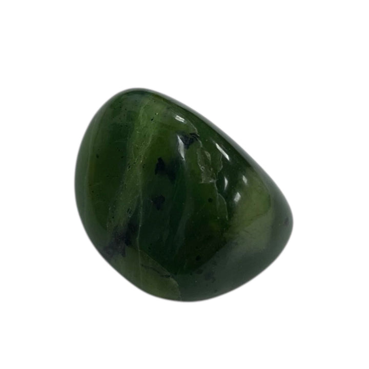 GeoFossils Deep green Nephrite Jade tumble stone with smooth texture and waxy lustre, valued for harmony, physical healing, and heart chakra support in crystal therapy.