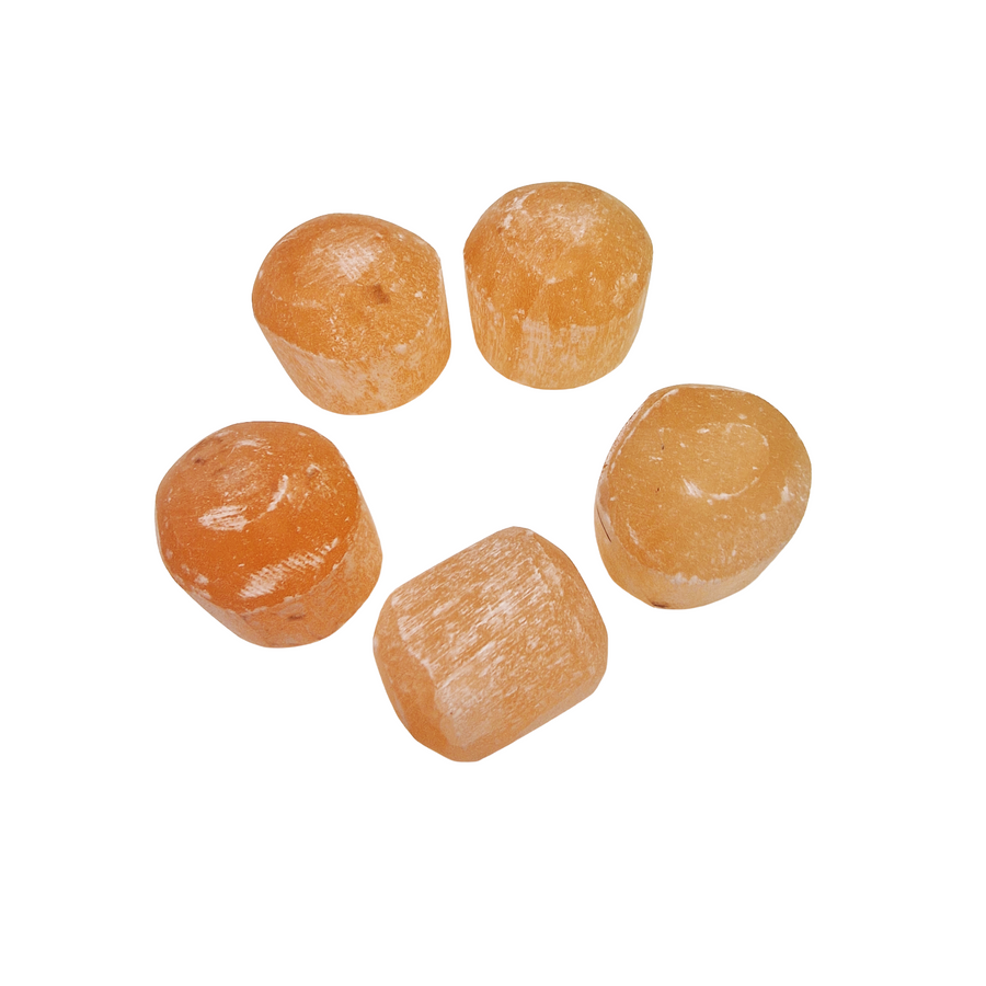 GeoFossils Orange Selenite Tumble Stones – group of polished golden orange crystals from Morocco