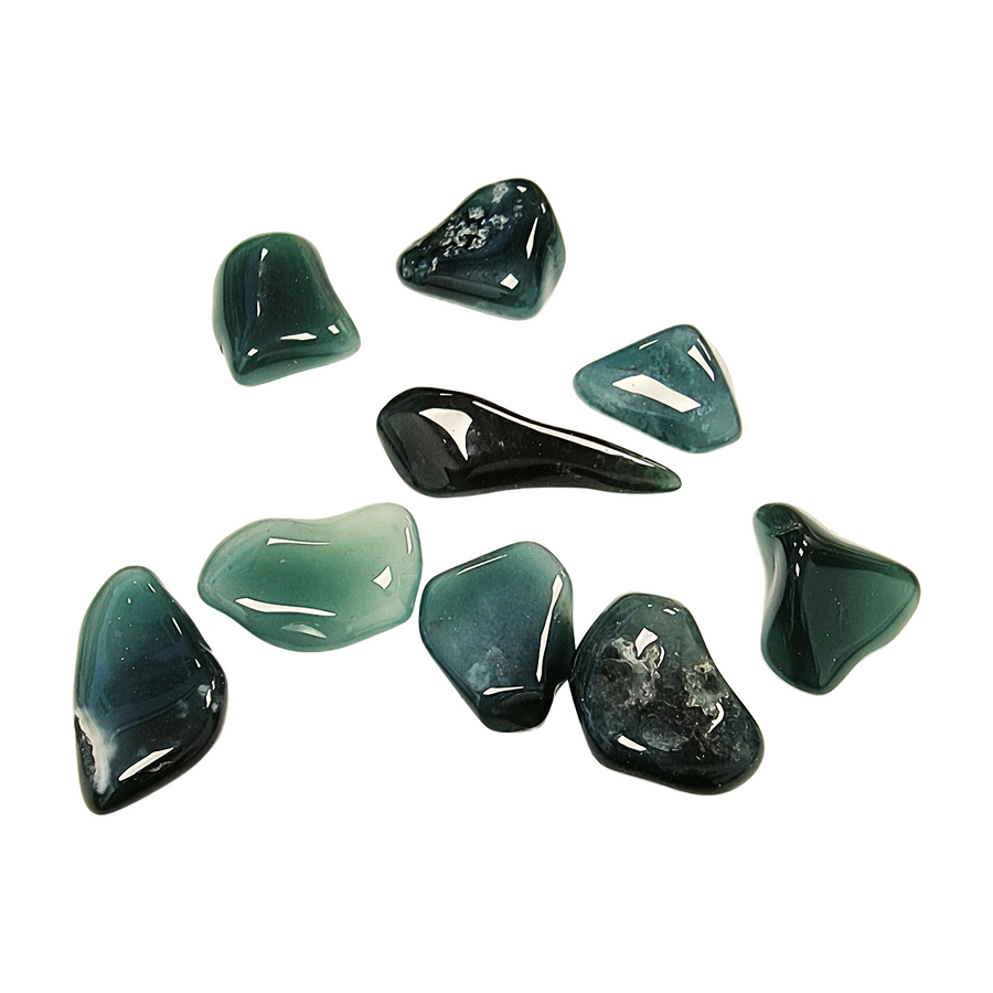 GeoFossils Mtorolite Tumble Stones – group of polished green chrome chalcedony crystals from Zimbabwe.
