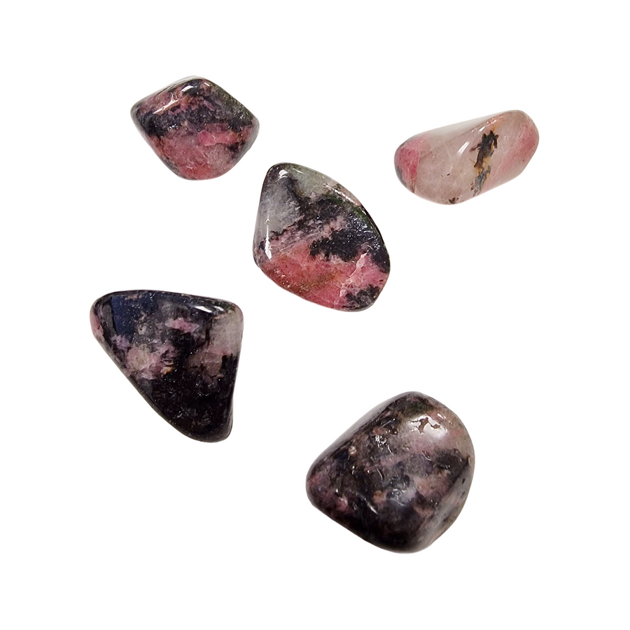 GeoFossils Rhodonite Tumble Stones – group of polished pink and black crystals with natural veining