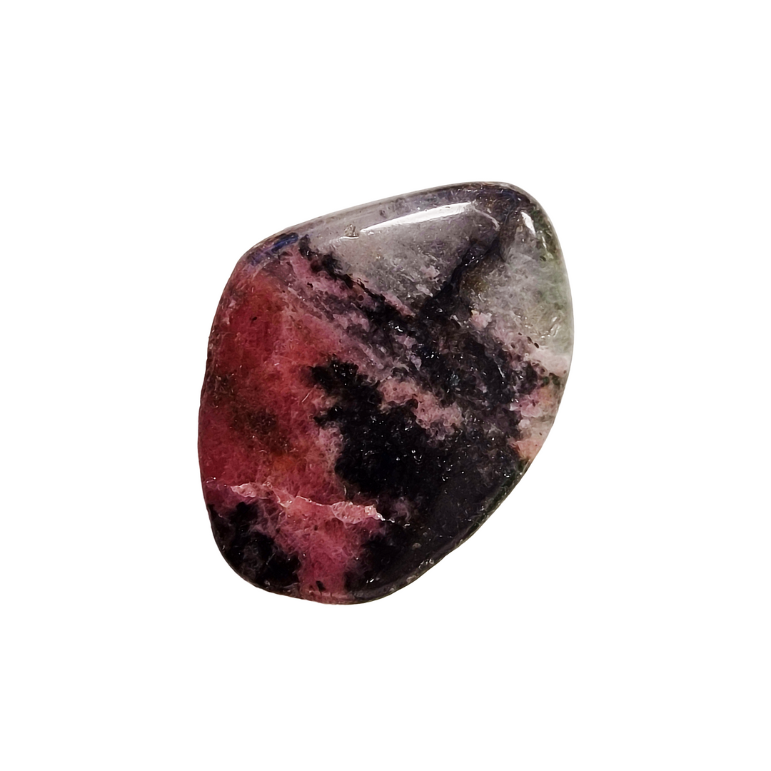 GeoFossils Rhodonite Tumble Stone – single polished pink gemstone with black manganese patterns
