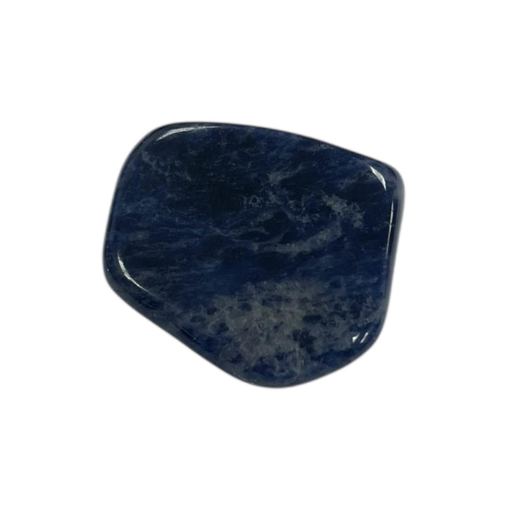 GeoFossils Deep blue Sodalite Tumble stone with white calcite veining, used for enhancing intuition, mental clarity, and emotional balance in crystal healing.