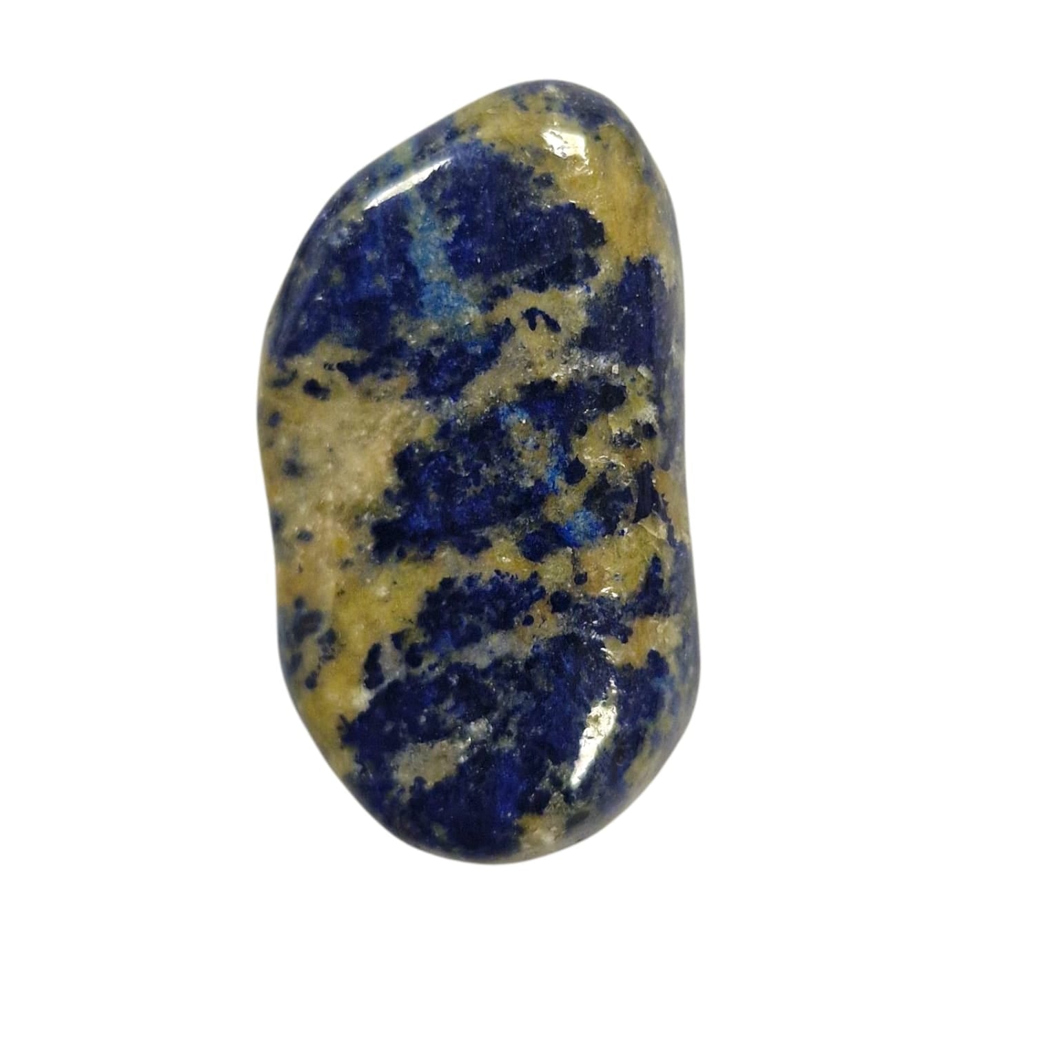 GeoFossils Lapis Lazuli with Sulphur Tumble Stone, a deep blue and yellow crystal for intuition, purification, and emotional healing.