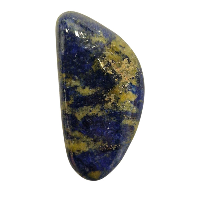 GeoFossils Lapis Lazuli with Sulphur Tumble Stone, a deep blue and yellow crystal for intuition, purification, and emotional healing.