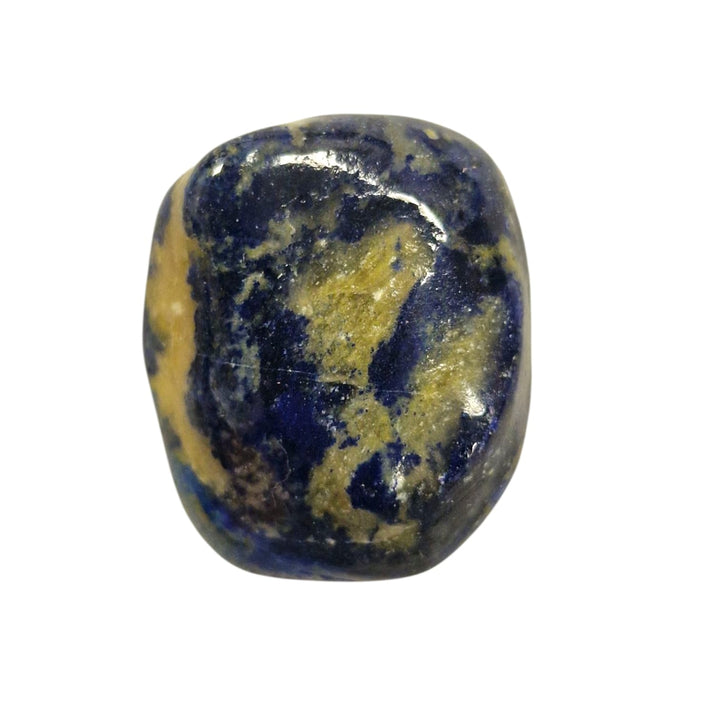 GeoFossils Lapis Lazuli with Sulphur Tumble Stone, a deep blue and yellow crystal for intuition, purification, and emotional healing.