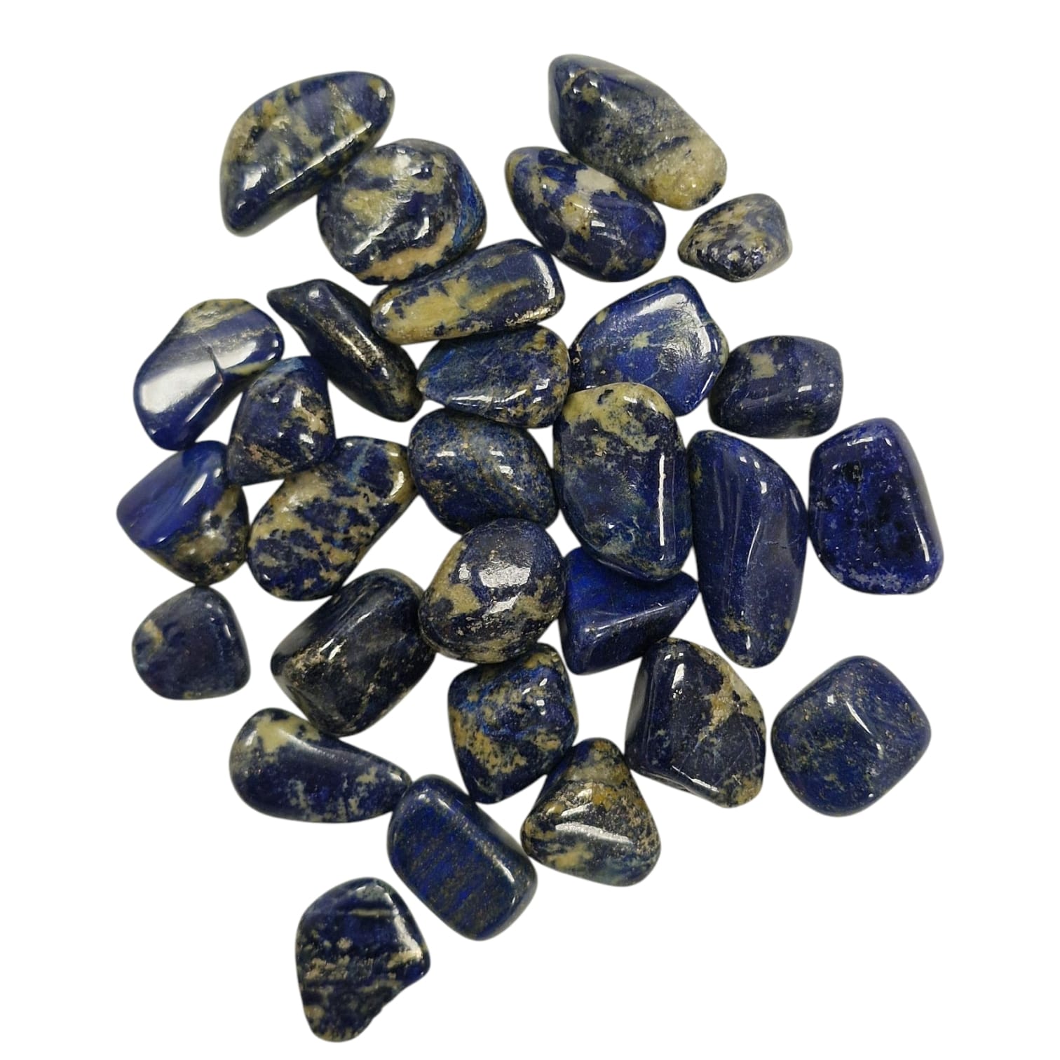 GeoFossils Lapis Lazuli with Sulphur Tumble Stone, a deep blue and yellow crystal for intuition, purification, and emotional healing.