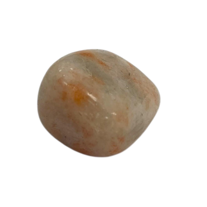 GeoFossils Glittering orange Sunstone tumble stone with flashes of metallic shimmer, used for joy, vitality, and boosting personal power in crystal healing.