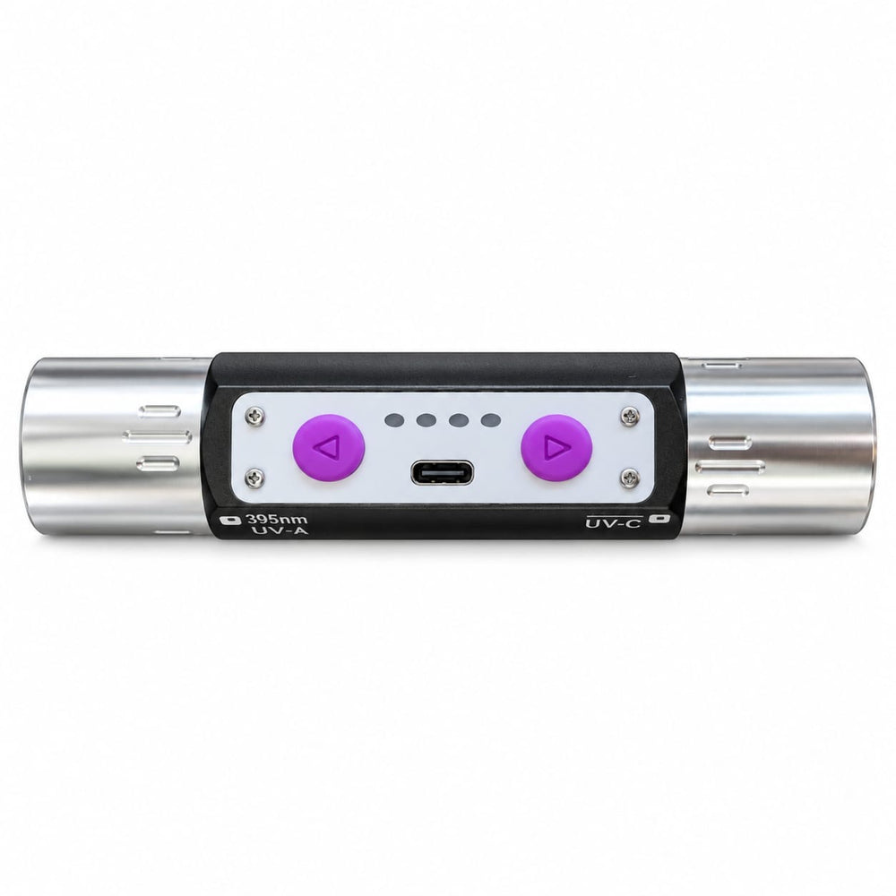 GeoFossils black UV torch shown front-facing on a white background.