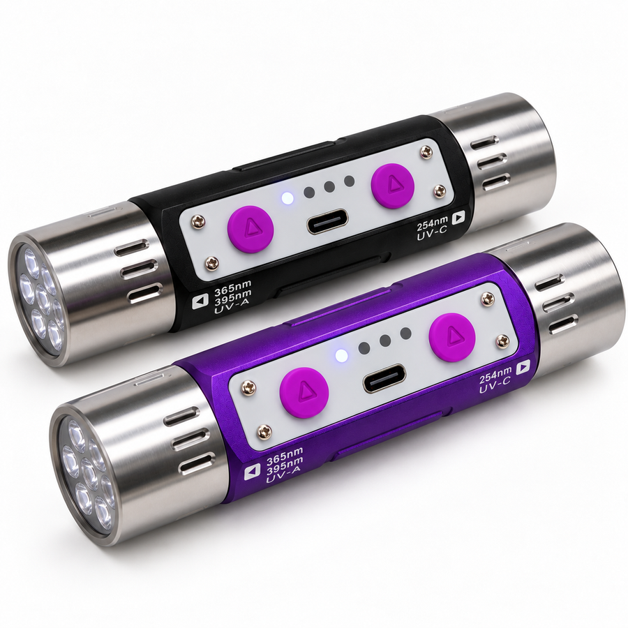 GeoFossils black and purple UV torches displayed together on a white background.