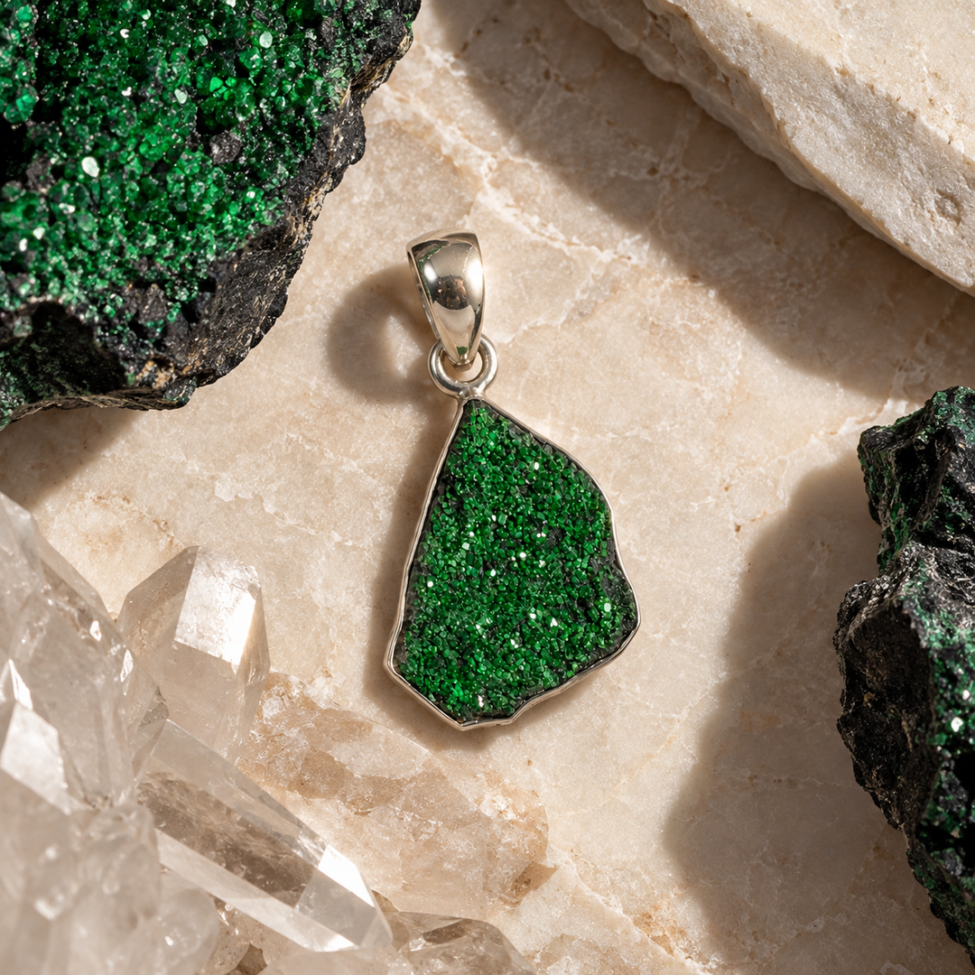 GeoFossils Uvarovite Garnet pendant displayed on pale stone alongside green mineral specimens and clear quartz crystals, highlighting its sparkling green druzy surface and silver setting.