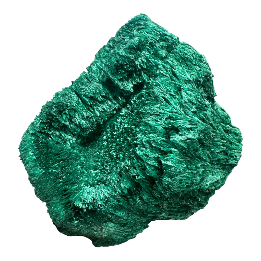 Premium Velvet Malachite specimen from the Democratic Republic of Congo featuring dense fibrous crystal growth and rich emerald-green colouration.