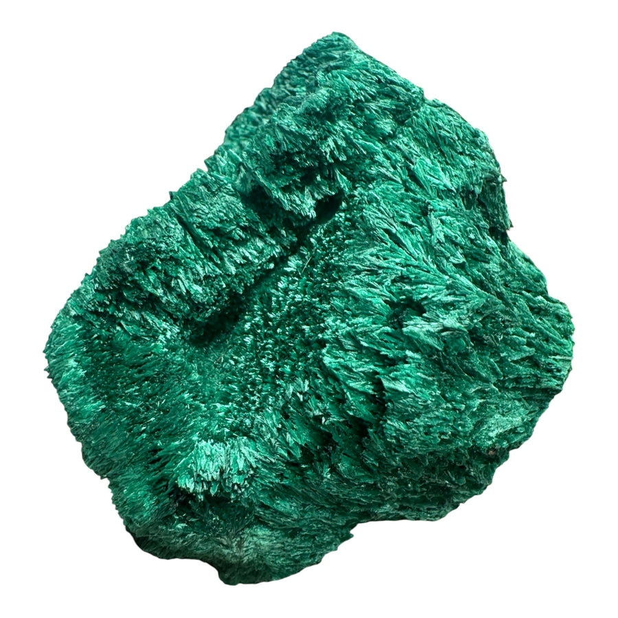 Premium Velvet Malachite specimen from the Democratic Republic of Congo featuring dense fibrous crystal growth and rich emerald-green colouration.