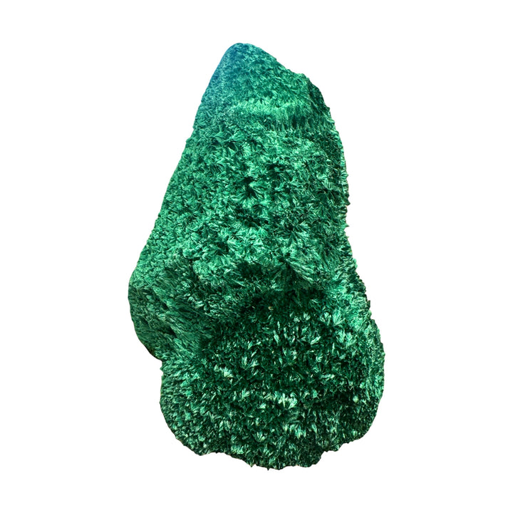 Rare Velvet Malachite crystal display piece showcasing sparkling botryoidal formations and layered green mineral structure.