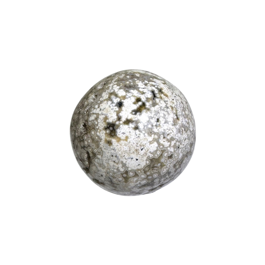 GeoFossils White Ocean Jasper Sphere 40mm – Madagascan crystal sphere for joy, renewal, and emotional harmony, polished gemstone sphere made in the UK.