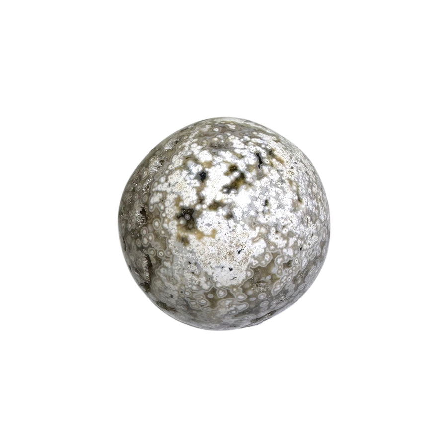 GeoFossils White Ocean Jasper Sphere 40mm – Madagascan crystal sphere for joy, renewal, and emotional harmony, polished gemstone sphere made in the UK.