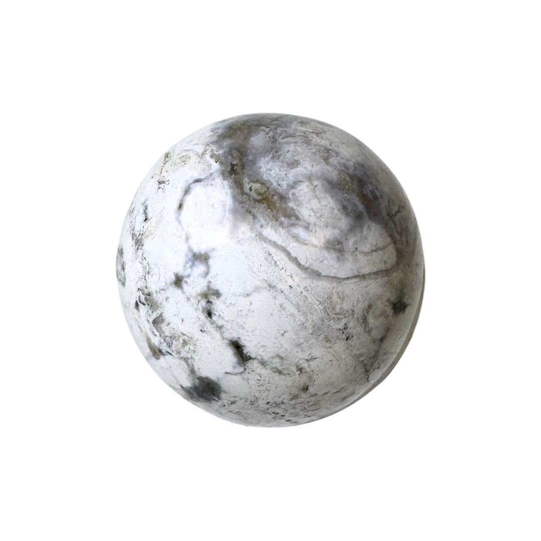 GeoFossils White Ocean Jasper Sphere 50mm – Madagascan crystal sphere for joy, renewal, and emotional balance, polished gemstone sphere made in the UK.