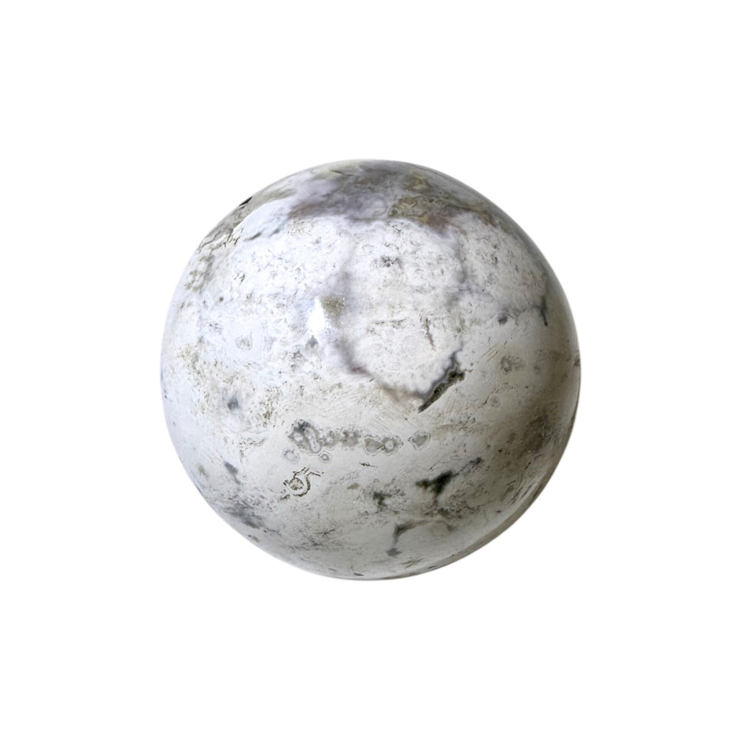 GeoFossils White Ocean Jasper Sphere 50mm – Madagascan crystal sphere for joy, renewal, and emotional balance, polished gemstone sphere made in the UK.