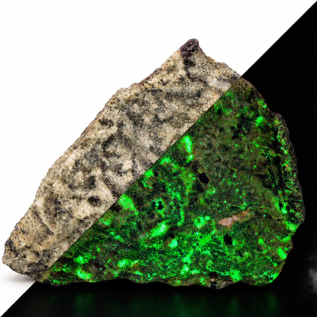 GeoFossils Willemite with Mangano Calcite Specimen 151 comparing its natural appearance with green fluorescence under UV light