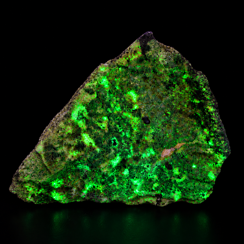 GeoFossils Willemite with Mangano Calcite Specimen 151 displaying green fluorescence under UV light