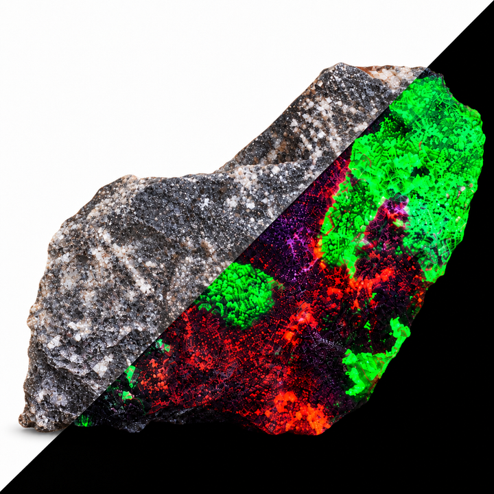 GeoFossils Willemite with Mangano Calcite Specimen 152 comparing its natural appearance with orange and green fluorescence under UV light
