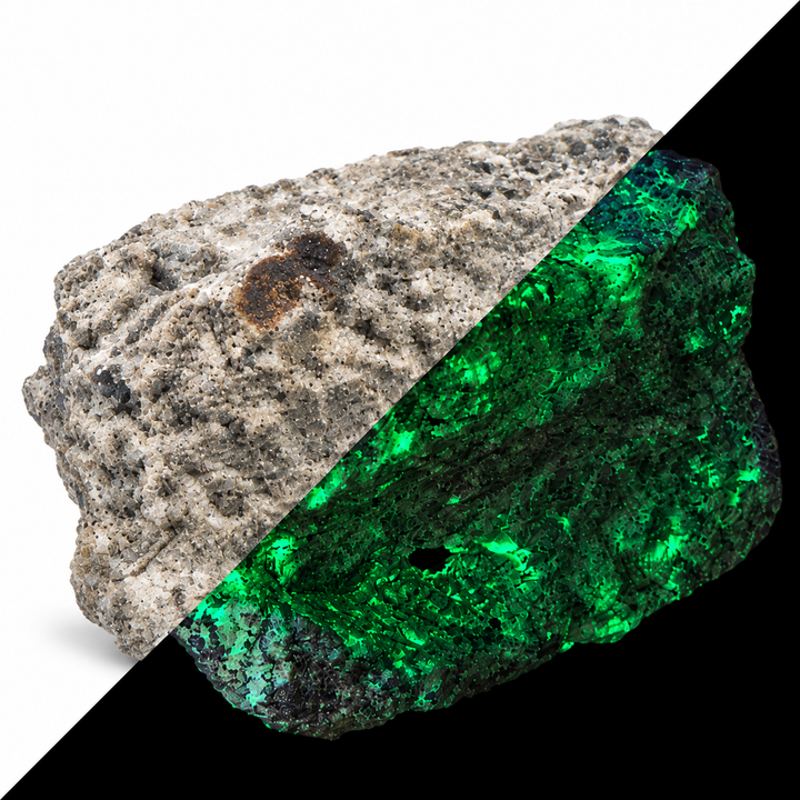 GeoFossils Willemite with Mangano Calcite Specimen 153 comparing its natural appearance with green fluorescence under UV light