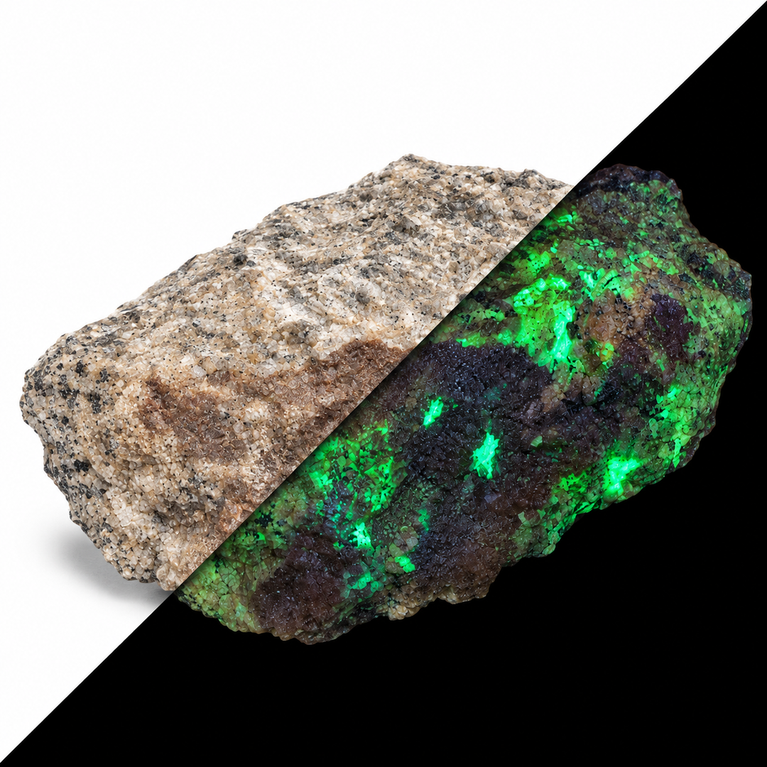 GeoFossils Willemite with Mangano Calcite Specimen 154 comparing its natural appearance with green fluorescence under UV light