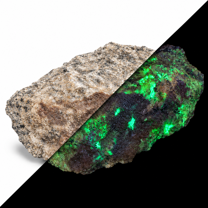GeoFossils Willemite with Mangano Calcite Specimen 154 comparing its natural appearance with green fluorescence under UV light