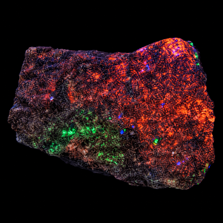 GeoFossils Willemite with Mangano Calcite Specimen 155 displaying predominantly orange fluorescence with some green under UV light