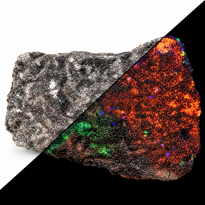 GeoFossils Willemite with Mangano Calcite Specimen 155 comparing its natural appearance with predominantly orange and some green fluorescence under UV light