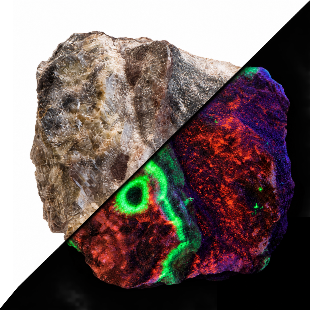GeoFossils Willemite with Mangano Calcite Specimen 156 comparing its natural appearance with orange fluorescence and a green fluorescent vein under UV light