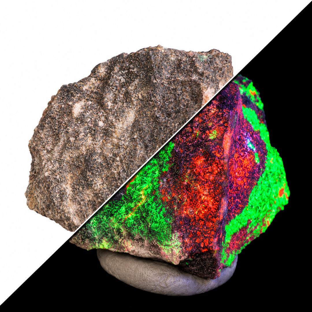 GeoFossils Willemite with Mangano Calcite Specimen 158 comparing its natural appearance with green and orange fluorescence under UV light