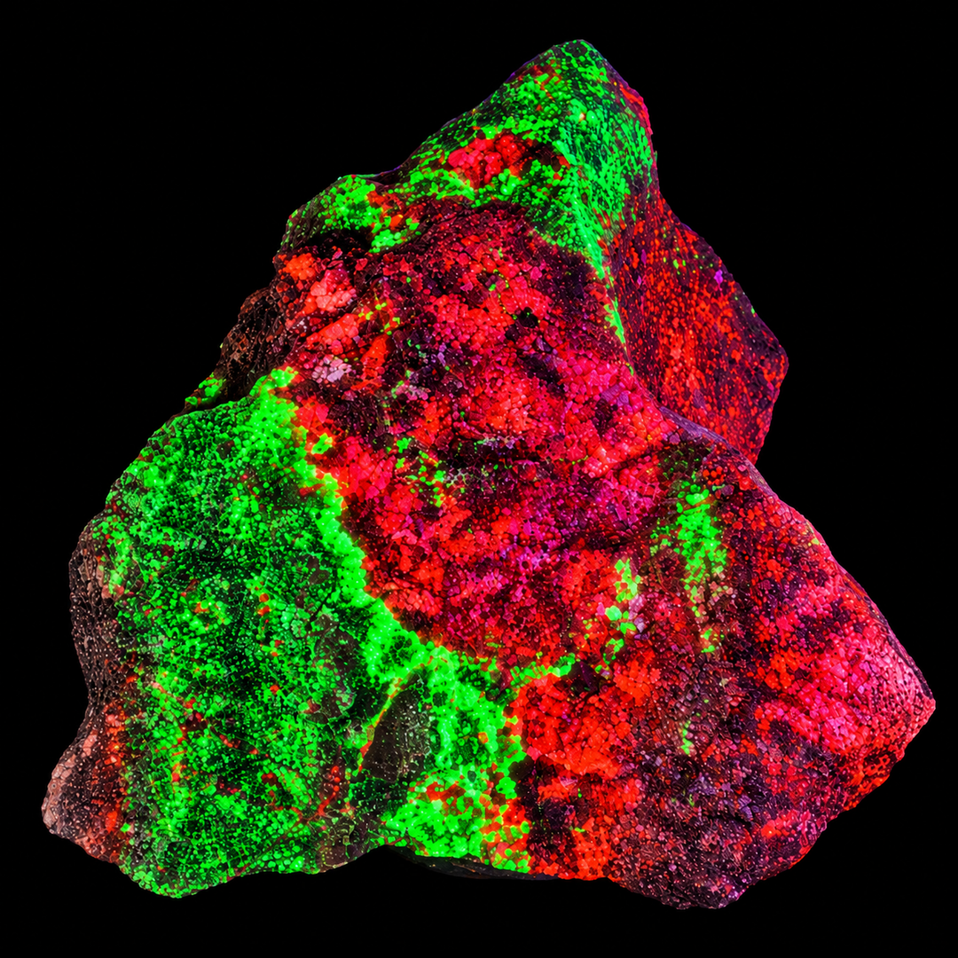 GeoFossils Willemite with Mangano Calcite Specimen 159 displaying green and orange fluorescence under UV light