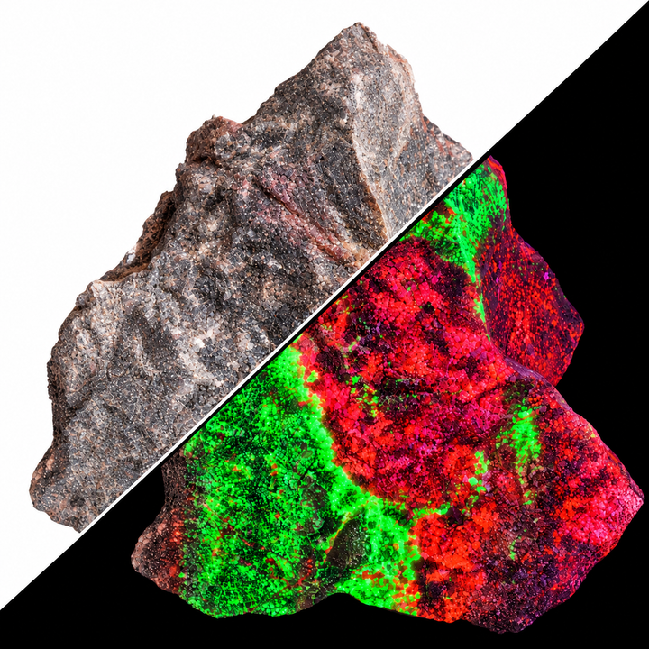 GeoFossils Willemite with Mangano Calcite Specimen 159 comparing its natural appearance with green and orange fluorescence under UV light