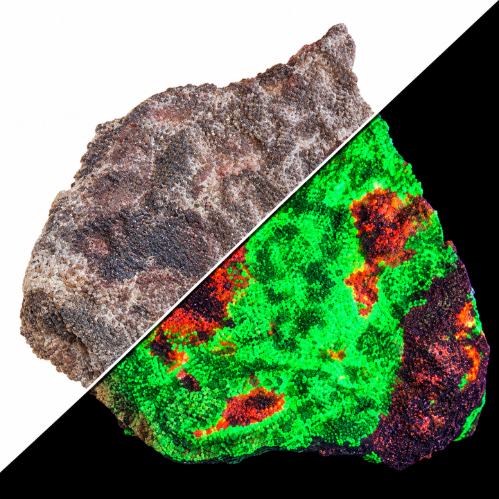 GeoFossils Willemite with Mangano Calcite Specimen 160 comparing its natural appearance with green fluorescence and orange speckles under UV light