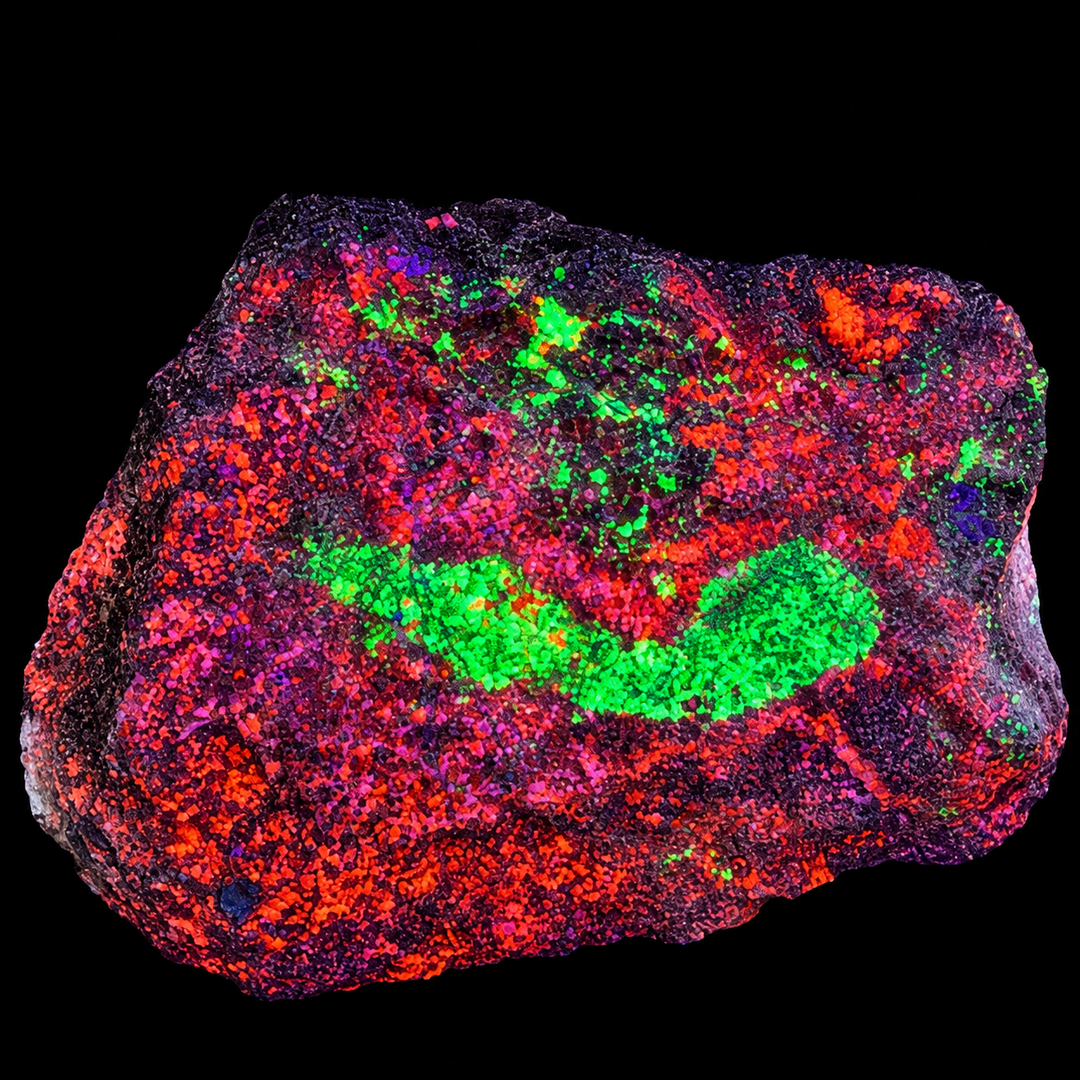 GeoFossils Willemite with Mangano Calcite Specimen 161 displaying orange and green fluorescence under UV light