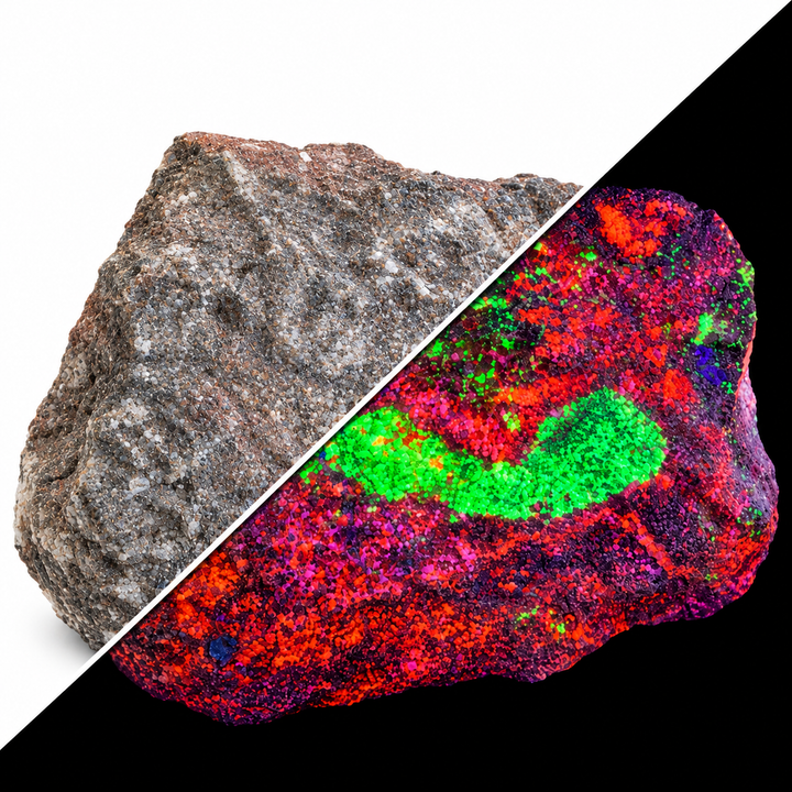 GeoFossils Willemite with Mangano Calcite Specimen 161 comparing its natural appearance with orange and green fluorescence under UV light