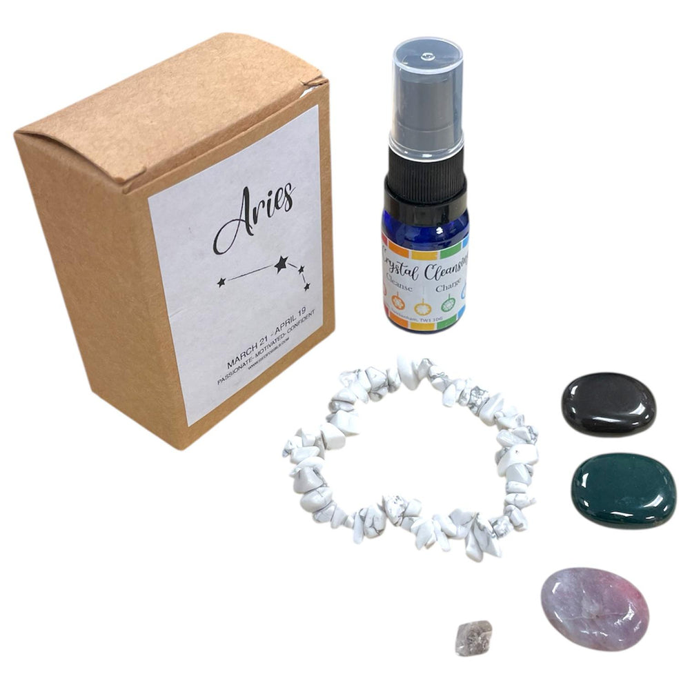 GeoFossils Aries Zodiac Crystal Set – Bracelet, Tumbles and Herkimer Diamond for Courage, Grounding and Empowered Intention