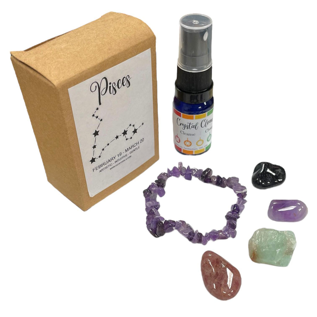 GeoFossils Pisces Zodiac Crystal Set – Amethyst Bracelet and Stones for Intuition, Protection and Emotional Healing