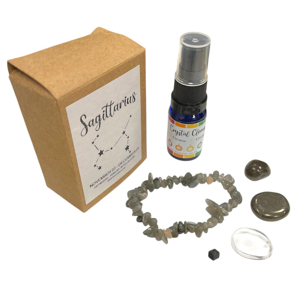 GeoFossils Sagittarius Zodiac Crystal Set – Labradorite Bracelet and Crystals for Expansion, Clarity and Grounded Power