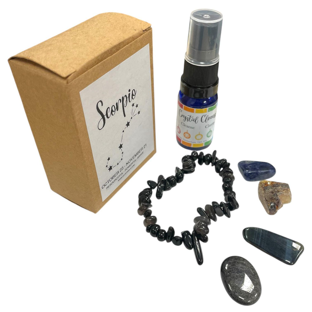 GeoFossils Scorpio Zodiac Crystal Set – Black Obsidian Bracelet and Stones for Protection, Transformation and Inner Strength