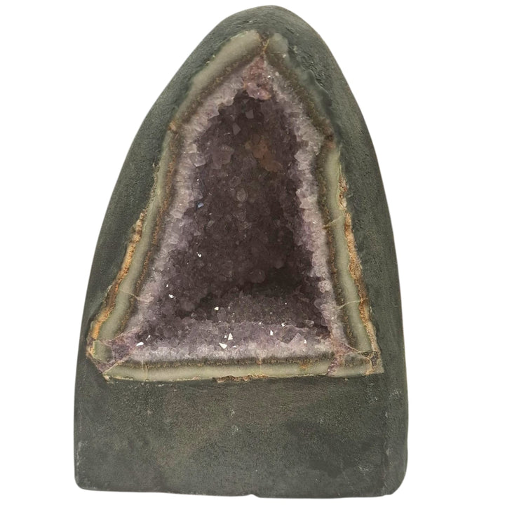 Amethyst geode with deep purple crystals and a surrounding agate border, forming a tranquil cave-like shape, 2.34kg, ideal for peace and protection.
