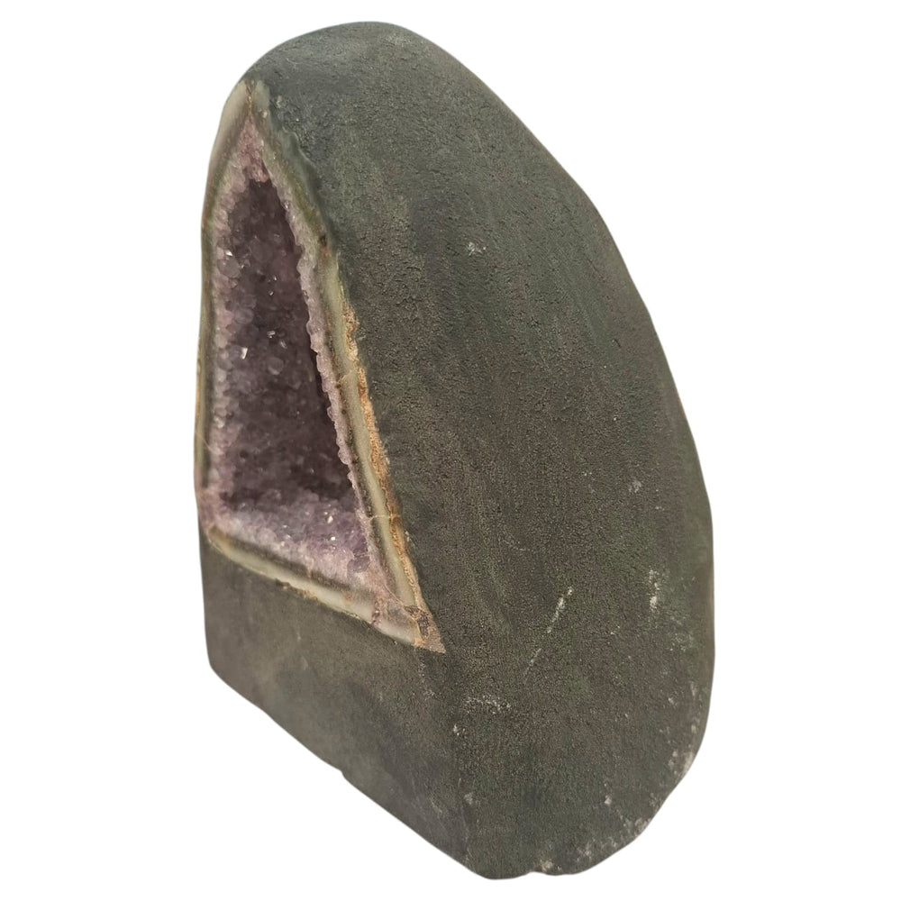 Amethyst geode with deep purple crystals and a surrounding agate border, forming a tranquil cave-like shape, 2.34kg, ideal for peace and protection.
